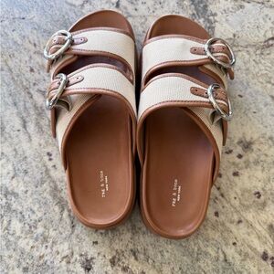 rag & bone Tan Leather and Cream Canvas Double Buckle Slide Sandals